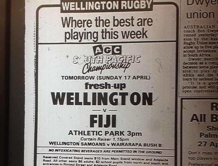 Wellington against international teams: versus Fiji 1988